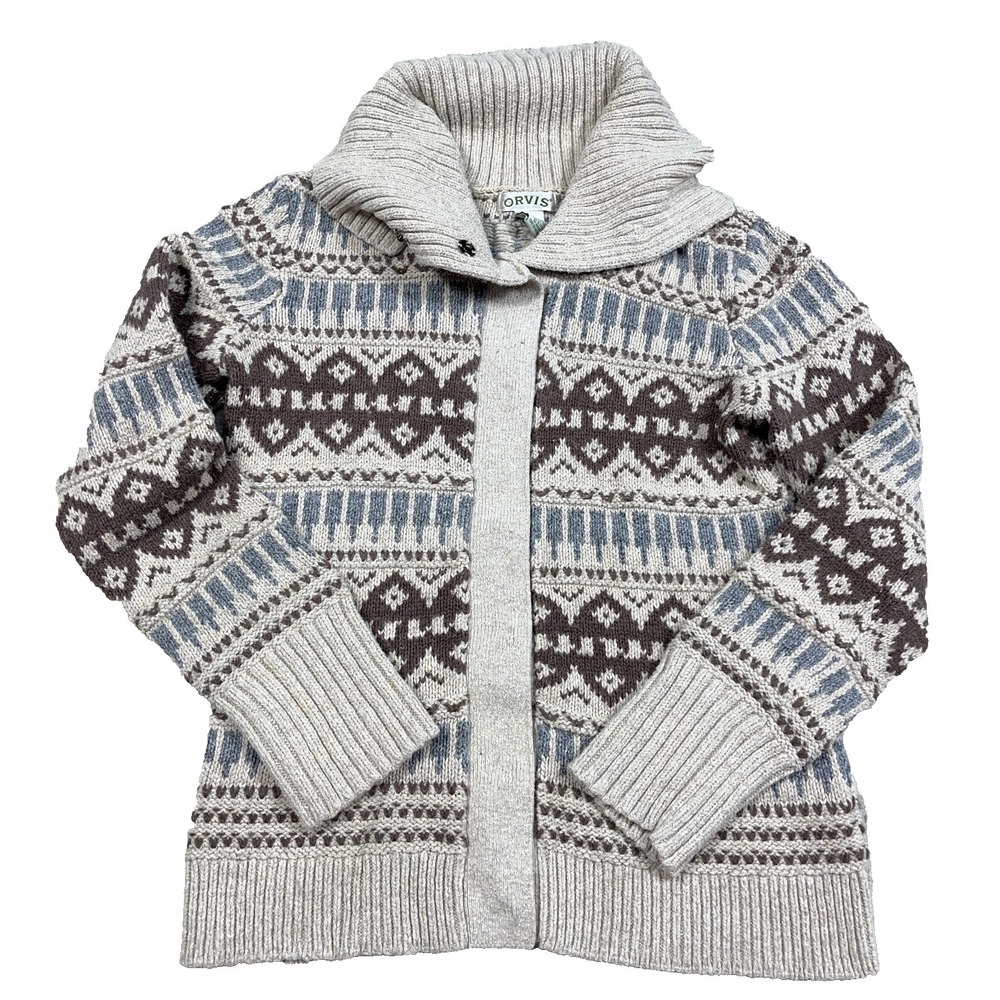 Vintage Orvis Cardigan Sweater‎ Women Small Tan Brown Snap Button Nordic Heavy